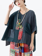Women Ethnic Patch Spliced Pocket V-neck Loose Shirt