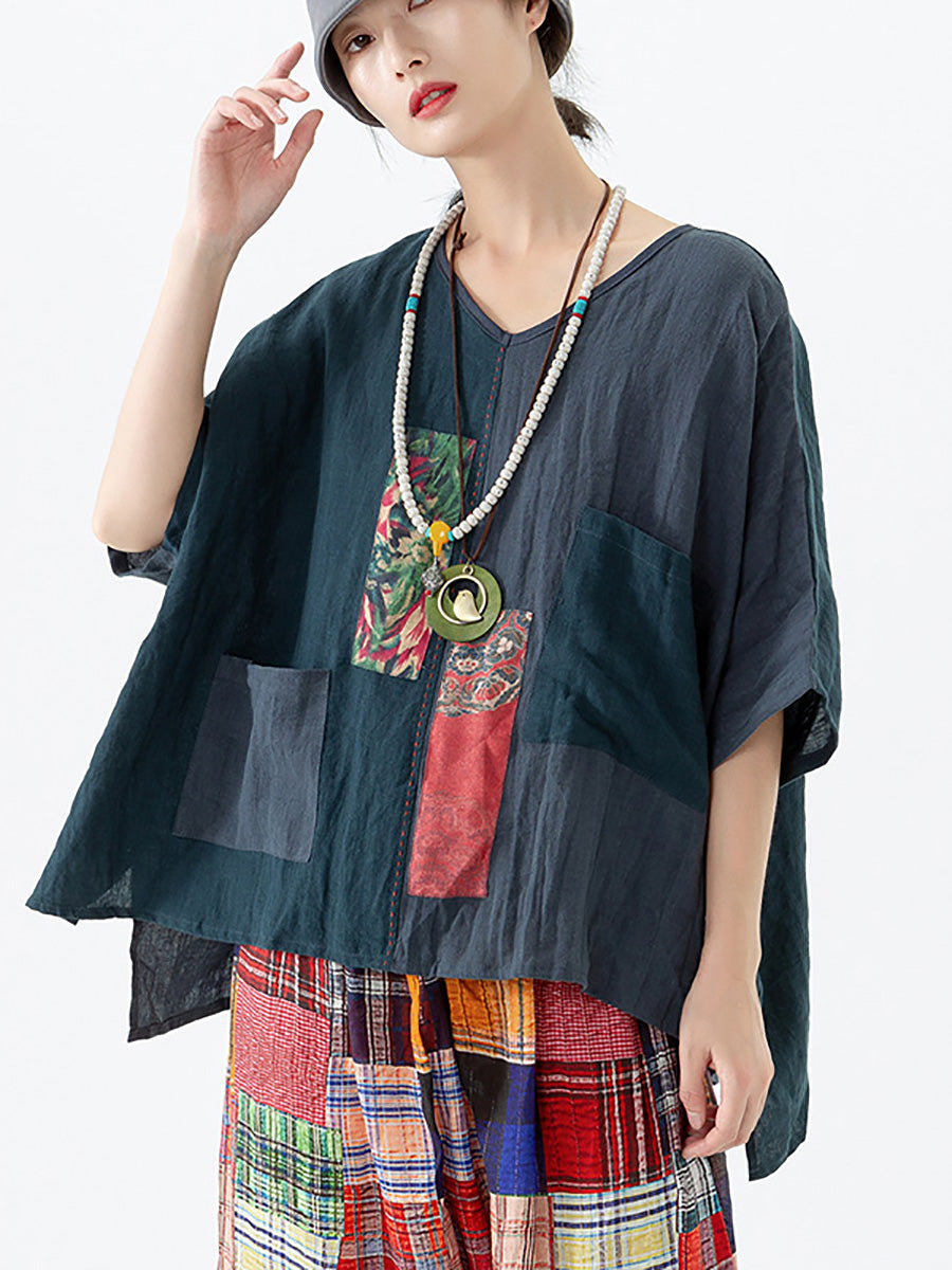 Women Ethnic Patch Spliced Pocket V-neck Loose Shirt