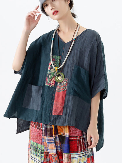 Women Ethnic Patch Spliced Pocket V-neck Loose Shirt