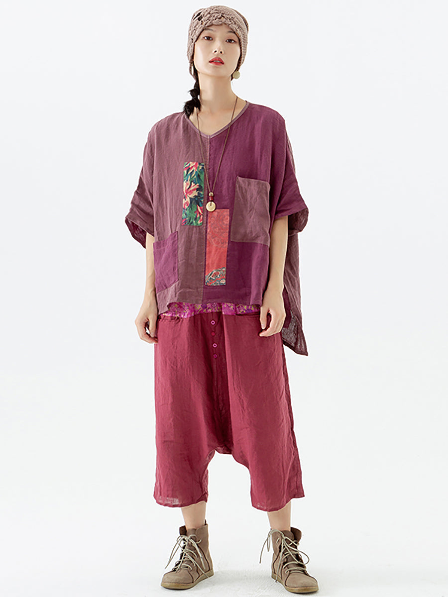 Women Ethnic Patch Spliced Pocket V-neck Loose Shirt