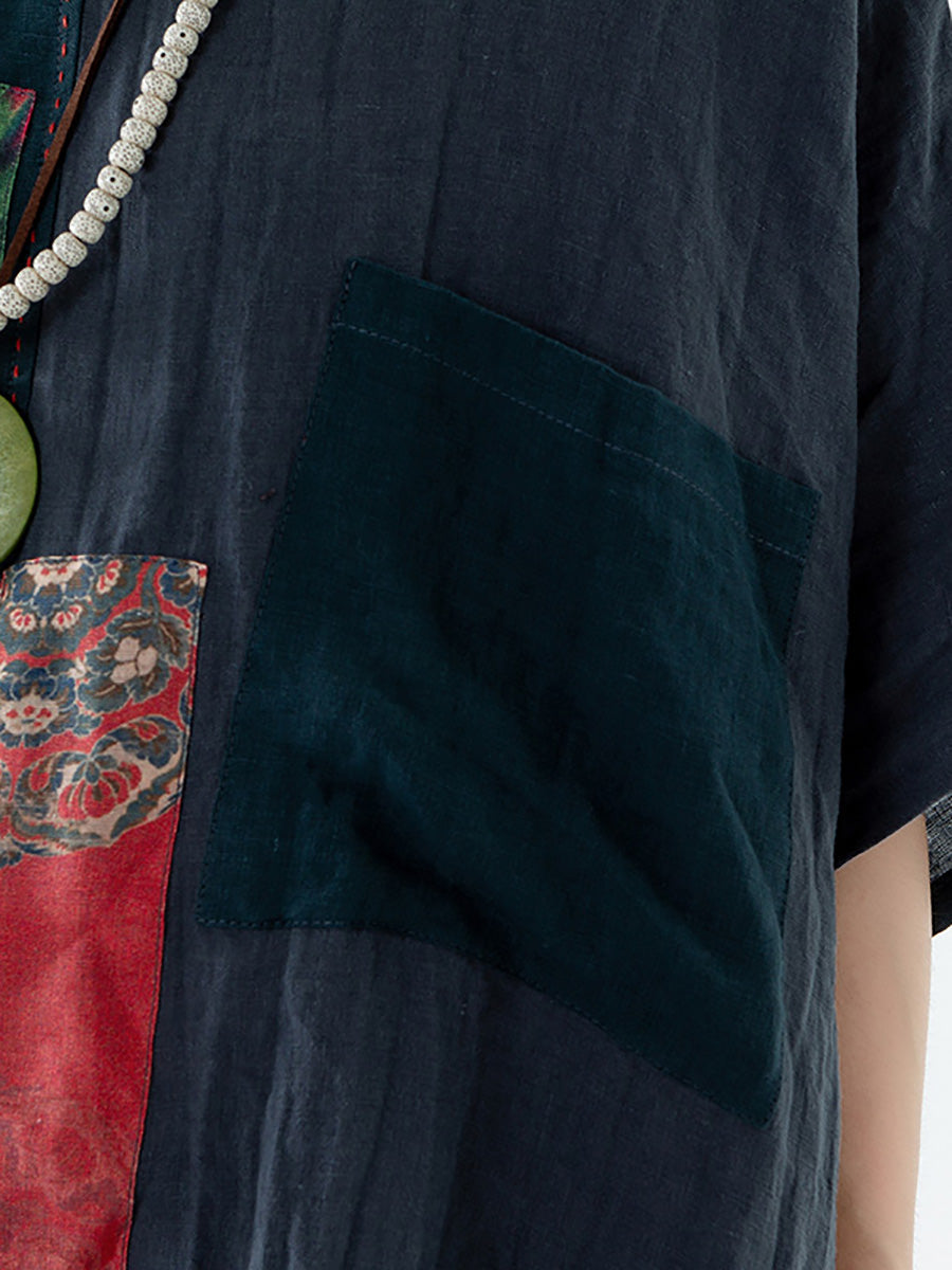 Women Ethnic Patch Spliced Pocket V-neck Loose Shirt