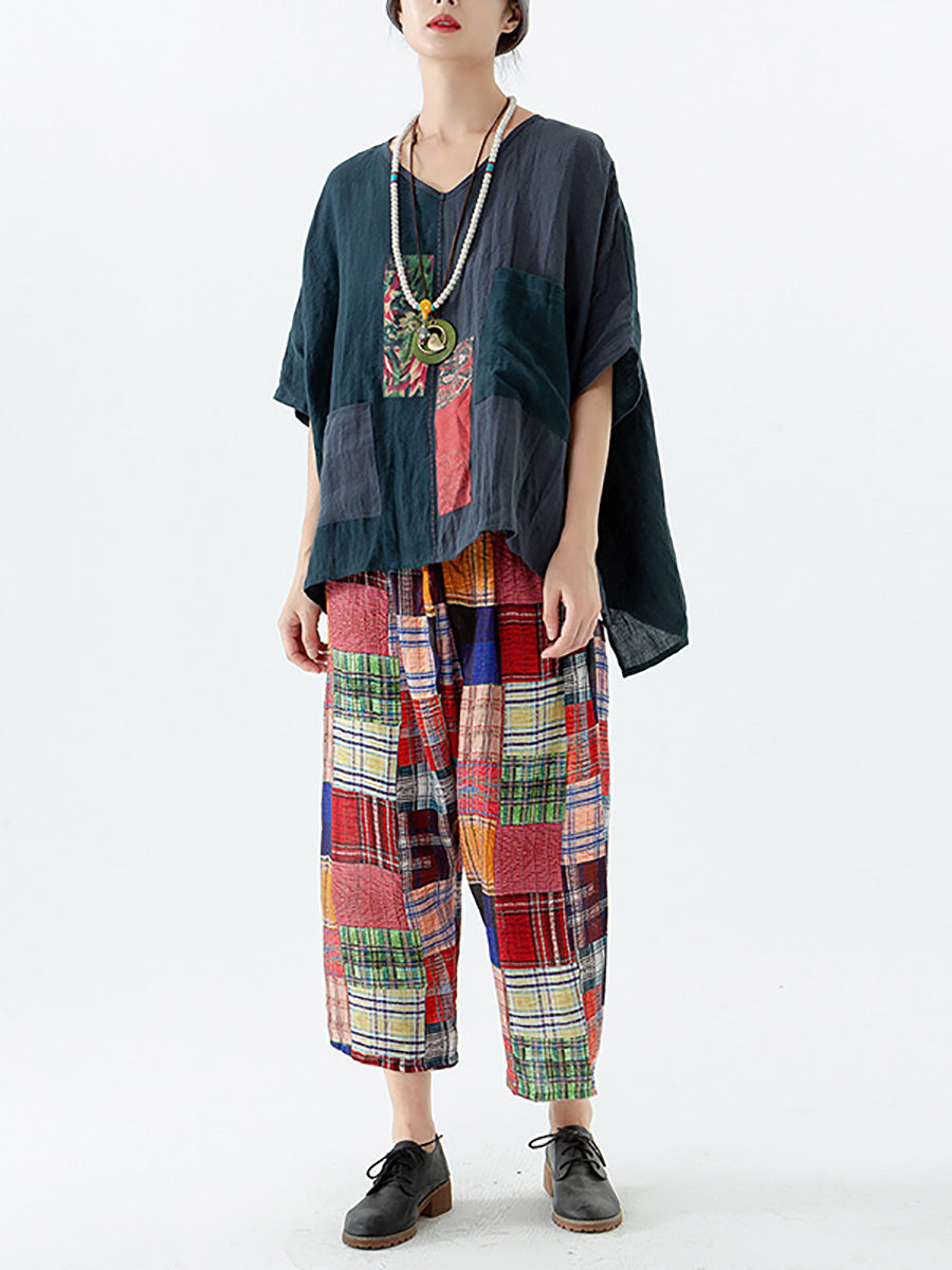 Women Ethnic Patch Spliced Pocket V-neck Loose Shirt