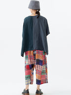 Women Ethnic Patch Spliced Pocket V-neck Loose Shirt