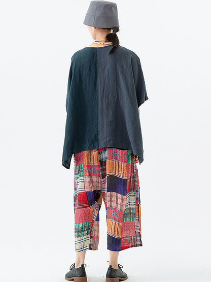 Women Ethnic Patch Spliced Pocket V-neck Loose Shirt