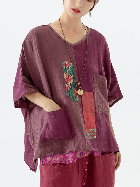 Women Ethnic Patch Spliced Pocket V-neck Loose Shirt