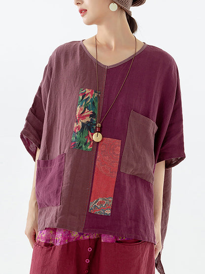 Women Ethnic Patch Spliced Pocket V-neck Loose Shirt