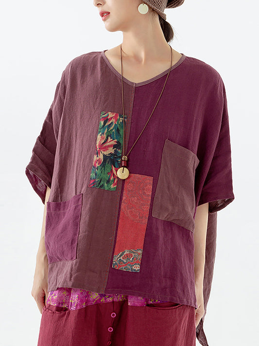 Women Ethnic Patch Spliced Pocket V-neck Loose Shirt