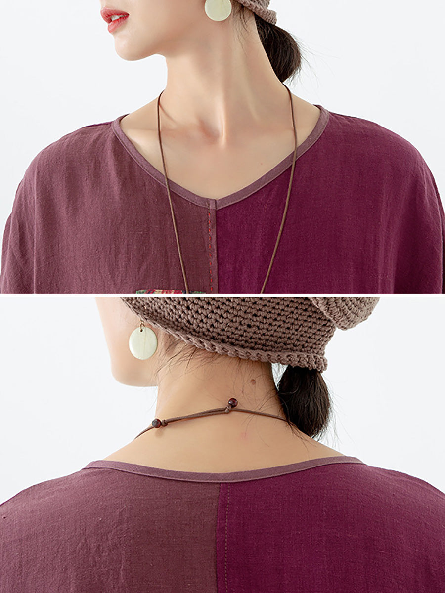 Women Ethnic Patch Spliced Pocket V-neck Loose Shirt