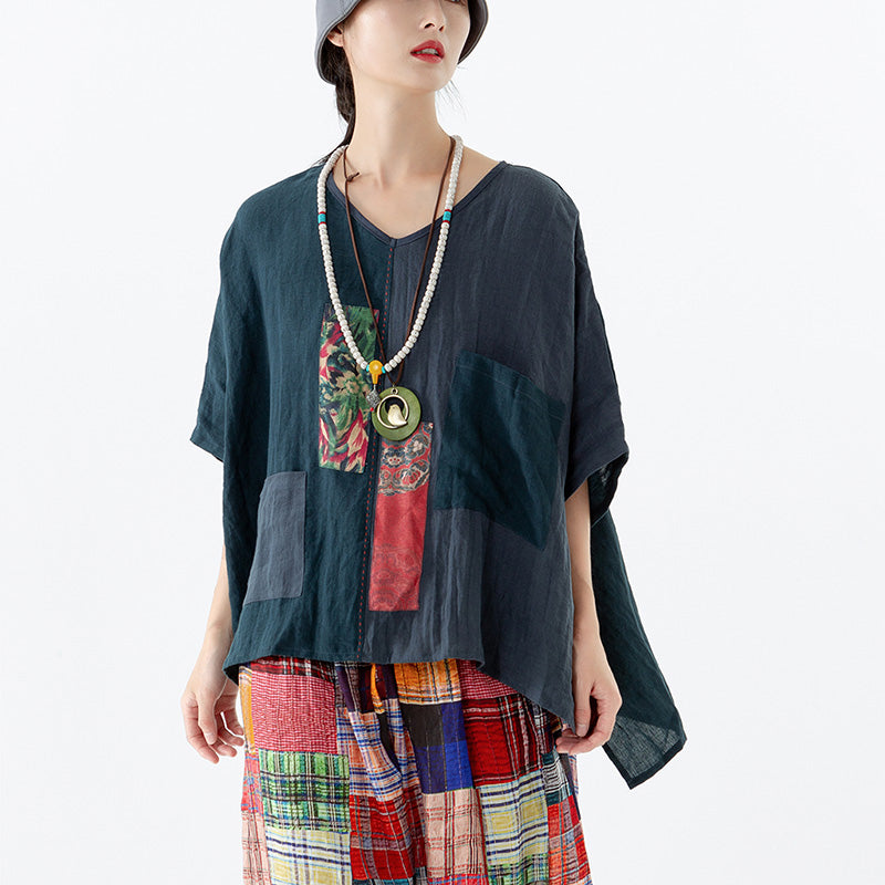 Women Ethnic Patch Spliced Pocket V-neck Loose Shirt