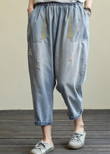 Load image into Gallery viewer, Literary loose loose white casual stitching hole denim cropped harem pants