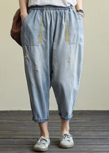 Load image into Gallery viewer, Literary loose loose white casual stitching hole denim cropped harem pants
