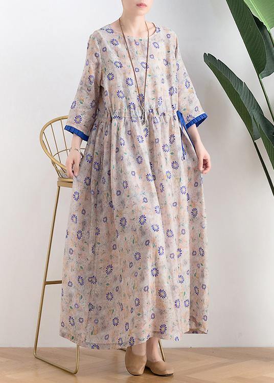 Literary small daisy mid-length dress waist ming 2021 new ramie printed skirt