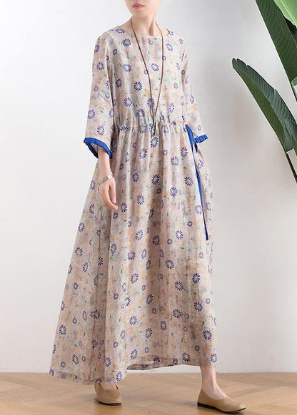 Literary small daisy mid-length dress waist ming 2021 new ramie printed skirt