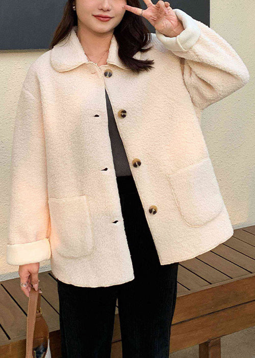 Loose Apricot Peter Pan Collar Pockets Patchwork Teddy Faux Fur Coats Fall