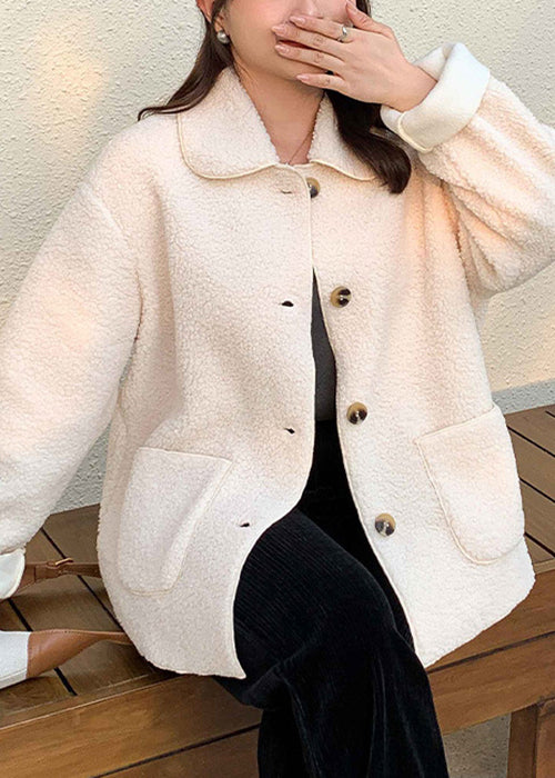 Loose Apricot Peter Pan Collar Pockets Patchwork Teddy Faux Fur Coats Fall