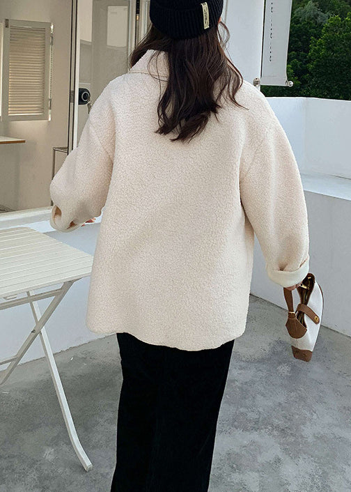 Loose Apricot Peter Pan Collar Pockets Patchwork Teddy Faux Fur Coats Fall