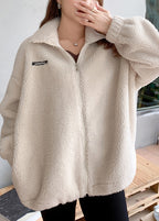 Loose Apricot Zippered Pockets Patchwork Teddy Faux Fur Coat Fall