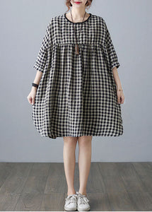 Loose Big Plaid O Neck Wrinkled Patchwork Linen Mid Dress Summer