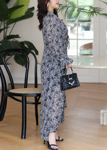 Load image into Gallery viewer, Loose Black Asymmetrical Print Chiffon Long Dresses Flare Sleeve
