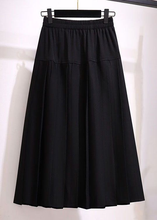 Loose Black Button High Waist Patchwork Cotton Pleated Skirt Fall