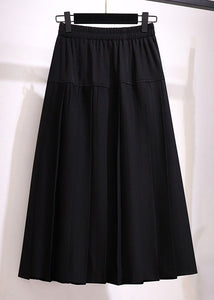 Loose Black Button High Waist Patchwork Cotton Pleated Skirt Fall