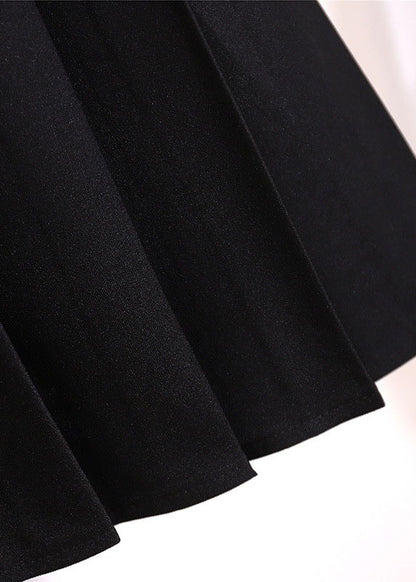 Loose Black Button High Waist Patchwork Cotton Pleated Skirt Fall