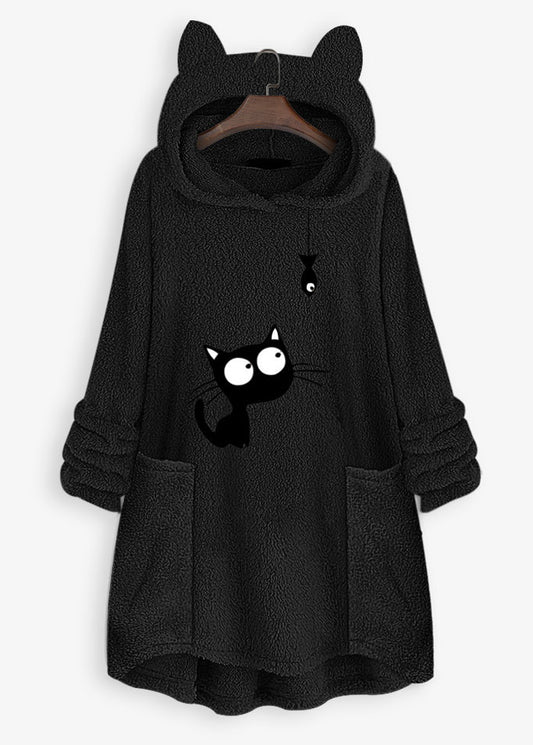 Loose Black Hooded Print Pockets Patchwork Teddy Faux Fur Sweatshirt Fall