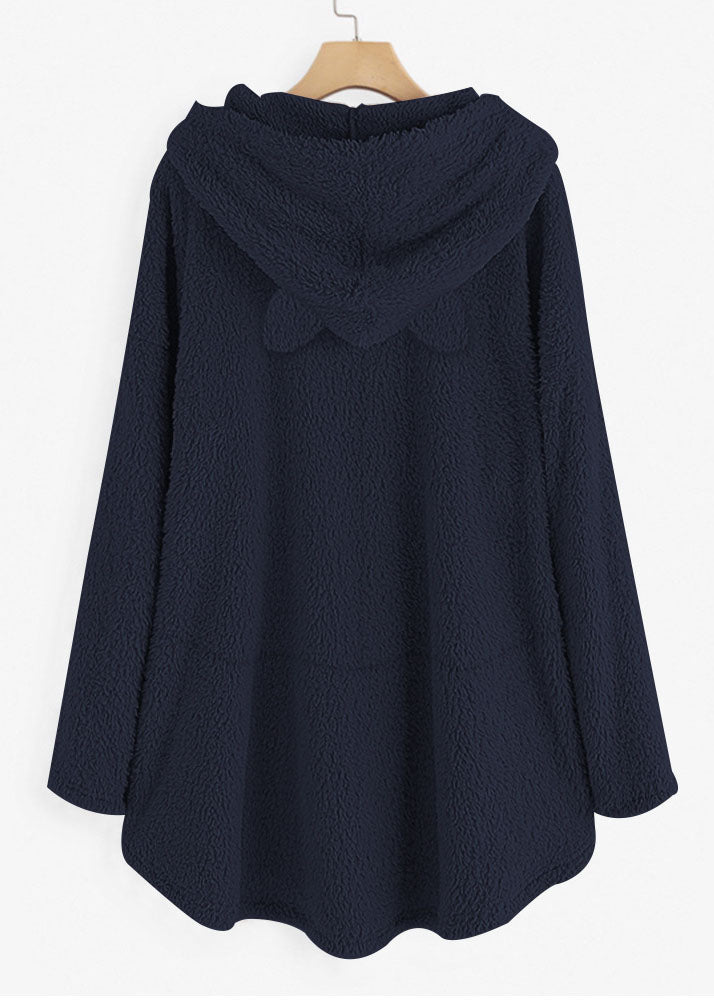 Loose Black Hooded Print Pockets Patchwork Teddy Faux Fur Sweatshirt Fall