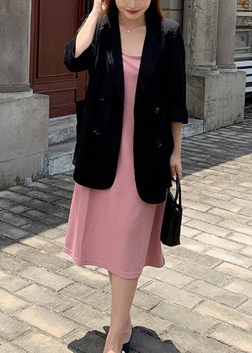 Loose Black Notched Pockets Patchwork Spandex Coats Fall