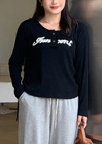 Loose Black O Neck Letter Patchwork Knitting Cotton T Shirts Fall