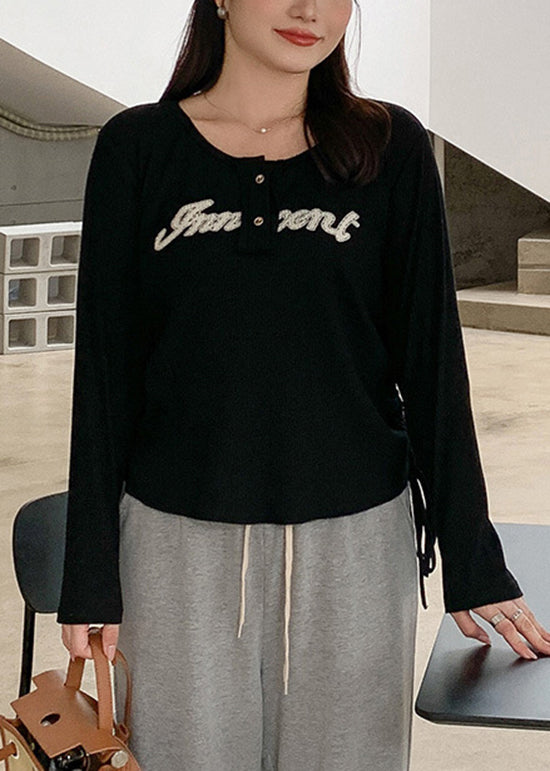 Loose Black O Neck Letter Patchwork Knitting Cotton T Shirts Fall