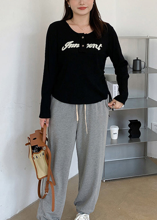 Loose Black O Neck Letter Patchwork Knitting Cotton T Shirts Fall