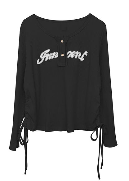 Loose Black O Neck Letter Patchwork Knitting Cotton T Shirts Fall