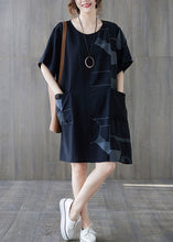 Load image into Gallery viewer, Loose Black O Neck Print Patchwork Cotton Mid Dress Summer