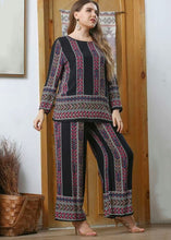 Load image into Gallery viewer, Loose Black O-Neck Print Patchwork Cotton Two Piece Set Pajamas Fall