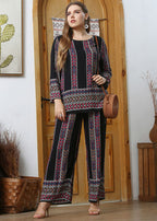 Loose Black O-Neck Print Patchwork Cotton Two Piece Set Pajamas Fall