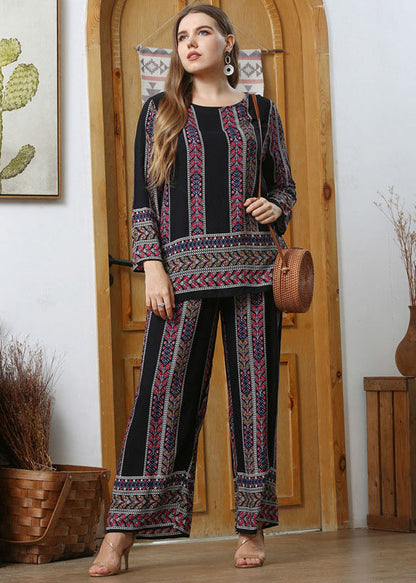 Loose Black O-Neck Print Patchwork Cotton Two Piece Set Pajamas Fall
