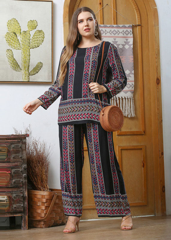 Loose Black O-Neck Print Patchwork Cotton Two Piece Set Pajamas Fall