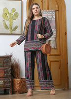 Loose Black O-Neck Print Patchwork Cotton Two Piece Set Pajamas Fall