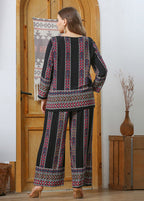 Loose Black O-Neck Print Patchwork Cotton Two Piece Set Pajamas Fall
