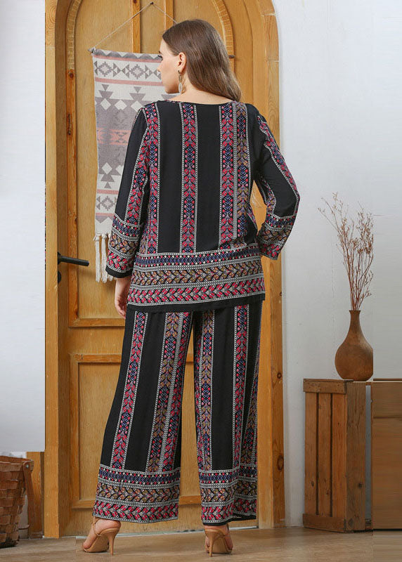 Loose Black O-Neck Print Patchwork Cotton Two Piece Set Pajamas Fall