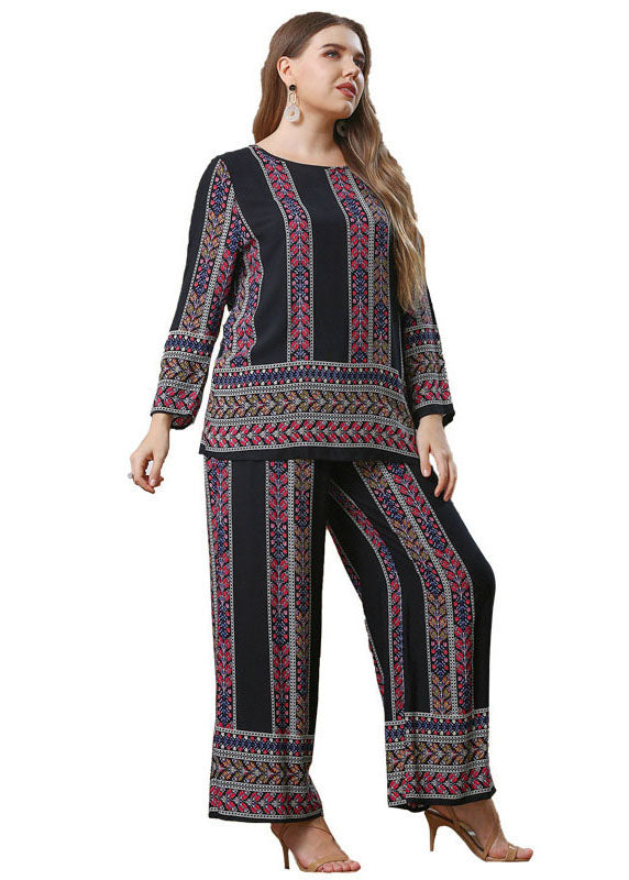 Loose Black O-Neck Print Patchwork Cotton Two Piece Set Pajamas Fall