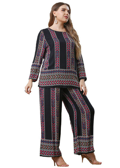 Loose Black O-Neck Print Patchwork Cotton Two Piece Set Pajamas Fall