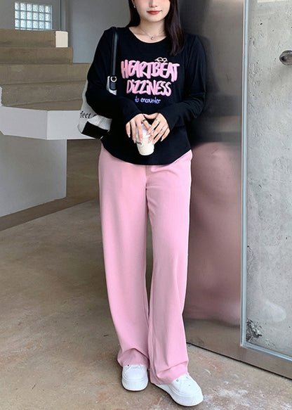 Loose Black O Neck Print Tops And Pink Pants Cotton Two Pieces Set Fall