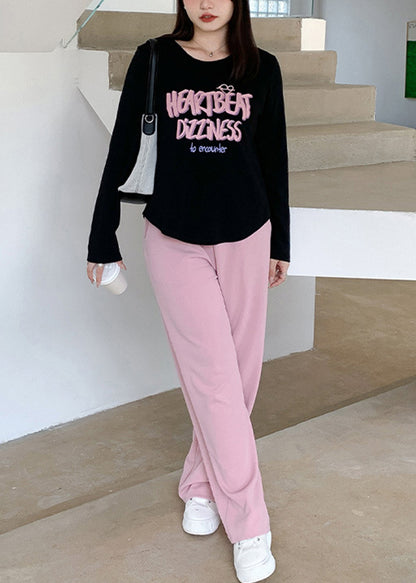 Loose Black O Neck Print Tops And Pink Pants Cotton Two Pieces Set Fall