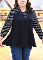 Loose Black Peter Pan Collar Patchwork Chiffon Shirts Fall