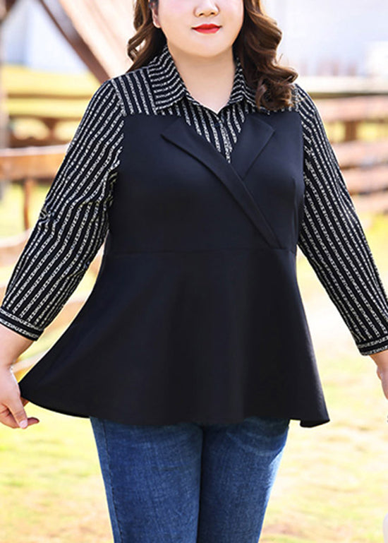 Loose Black Peter Pan Collar Patchwork Chiffon Shirts Fall