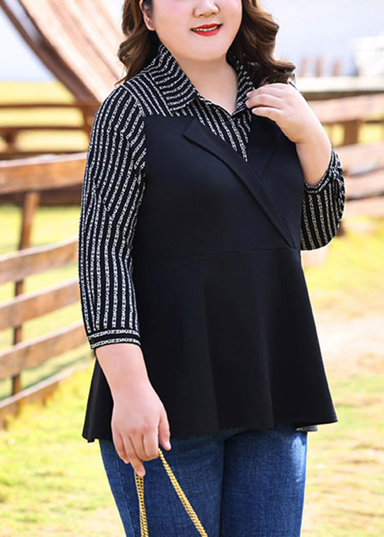 Loose Black Peter Pan Collar Patchwork Chiffon Shirts Fall