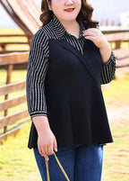 Loose Black Peter Pan Collar Patchwork Chiffon Shirts Fall