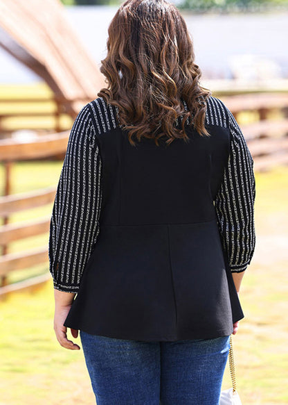 Loose Black Peter Pan Collar Patchwork Chiffon Shirts Fall